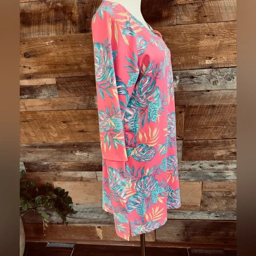 Caribbean Joe Tropical Floral Notch Neck Shift Dress Pink Blue Size Medium